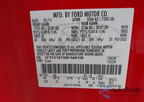 2011 Ford F-150 Stx из США, поврежденный, VIN 1FTFX1EF5BFA68108
